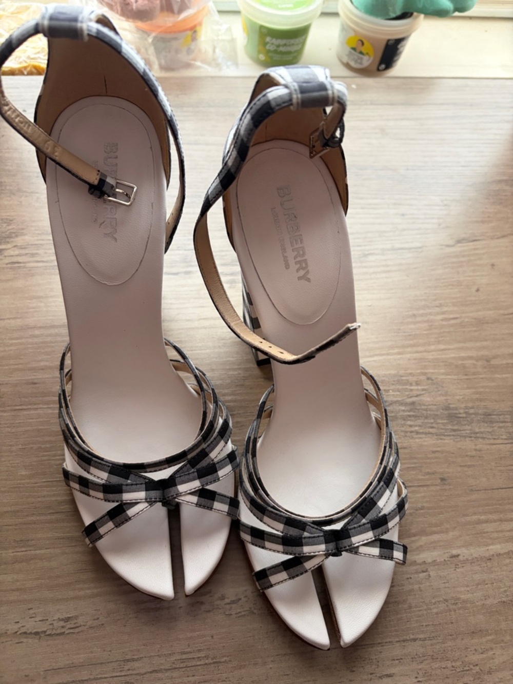 NWT Burberry Hove Black & White Gingham Block Heel Sandals with Ankle Strap s - Picture 2 of 15